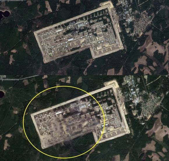 위성으로 본 러시아 탄약고 폭발 전인 지난달 20일(위)과 24일 모습. Planet Labs