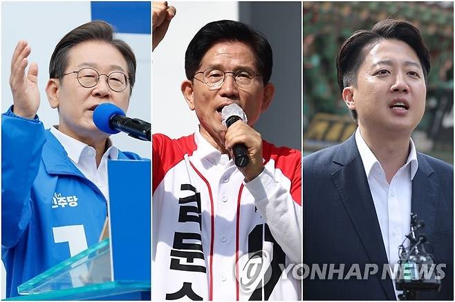 이재명, 김문수, 이준석 후보 (창원·진주·부산=연합뉴스) 14일 창원에서 지지 호소하는 이재명 후보(왼쪽부터), 진주광미사거리에서 유세하는 김문수 후보, 부산 범어사 안양암 방문 뒤 취재진 질문에 답하는 이준석 후보