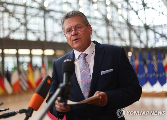 취재진 질문에 답변하는 EU 무역수장 (브뤼셀 EPA=연합뉴스) 마로시 셰프초비치 EU 무역·경제안보 담당 집행위원dl 15일(현지시간) 벨기에 브뤼셀에서 열린 EU 무역장관회의에서 취재진 질문에 답하고 있다. 2025.5.15 photo@yna.co.kr [재판매 및 DB 금지]