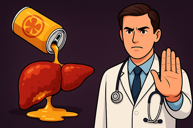 간 모양에 과일주스를 붓고 있고 의사가 손으로 금지 사인을 보이는 모습