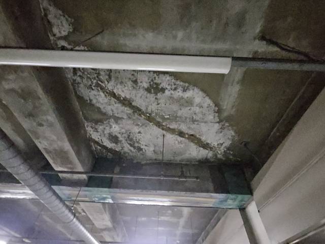 충주시청 지하주차장 천정이 누수 발생으로 백태 현상이 발생된 상태의 모습.사진=김의상 기자