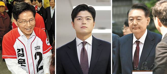 김용태 신임 국민의힘 비상대책위원장이 15일 국회에서 기자 간담회를 열기 위해 회견장으로 이동하고 있다(가운데 사진). 김 위원장은 이날 "윤석열 전 대통령에게 정중하게 탈당을 권고하겠다"고 말했다. 윤 전 대통령은 "당적 문제는 김문수 후보에게 맡기겠다”고 말한 것으로 알려졌다(오른쪽 사진). 김 후보는 그러나 "탈당 여부는 윤 전 대통령이 판단할 문제"라고 했다(왼쪽 사진). 윤 전 대통령 사진은 지난 12일 서울 중앙지방법원에서 열린 내란 사건 3차 공판에 출석하는 모습. 김 후보 사진은 이날 서울 신도림역에서 출근길 유세를 하는 모습. /연합뉴스·사진공동취재단