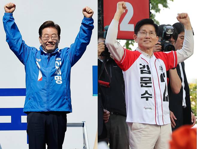 이재명 더불어민주당 대통령 후보(왼쪽), 김문수 국민의힘 후보가 제21대 대통령 선거 공식 선거운동 첫날인 12일 서울 중구 청계광장, 대구 서문시장에서 각각 지지를 호소하고 있다./뉴스1