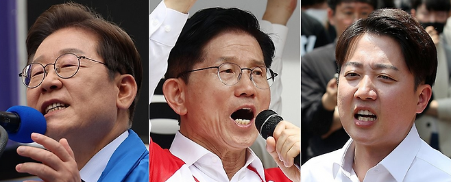 (왼쪽부터) 이재명 더불어민주당 대선후보, 김문수 국민의힘 대선후보, 이준석 개혁신당 대선후보. ⓒ연합뉴스