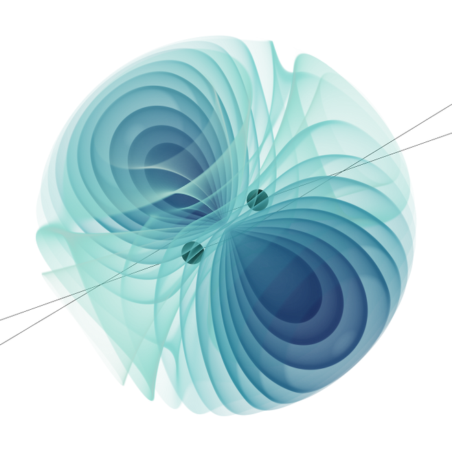 두 블랙홀이 스쳐 지나갈 때 방출되는 중력파의 에너지를 시뮬레이션한 그림. 두 블랙홀은 중력 때문에 궤적이 휘어진다. 그림에서 어두울수록 에너지가 높다. 중력파를 정밀하게 모형화하면 블랙홀의 충돌 등 복잡한 우주 현상에 대한 이해를 심화할 수 있다. 마티아스 드리세/독일 훔볼트대 제공