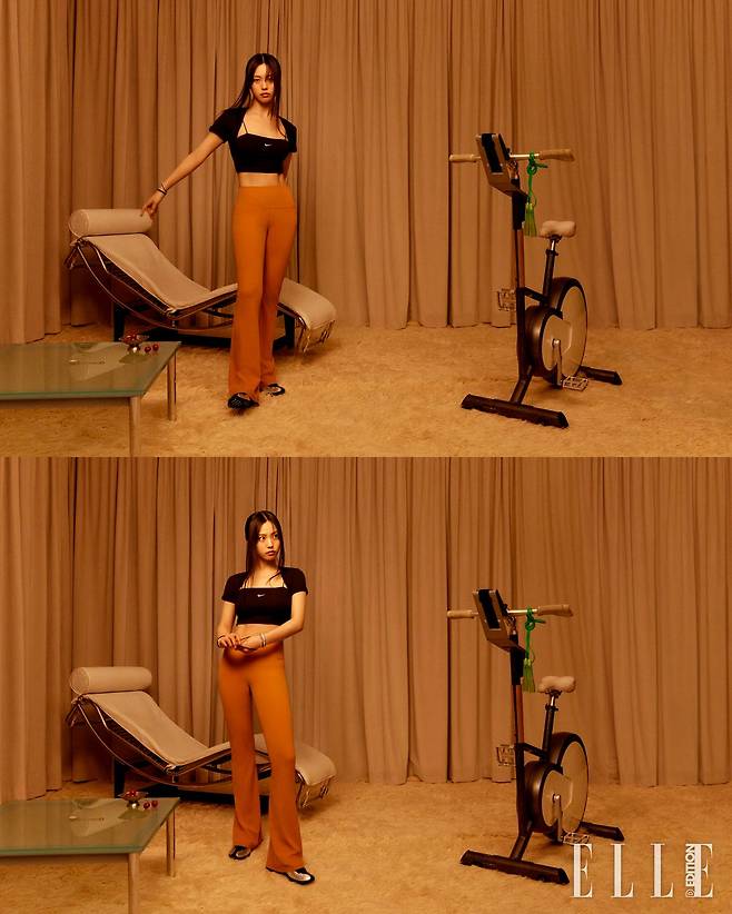 투-인-원 톱, 부드러운 촉감의 나이키 젠비 플레어 레깅스, ‘에어 슈퍼플라이’ 실버 컬러 스니커즈는 모두 Nike