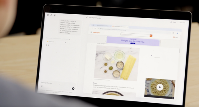 오픈AI의 AI 에이전트 '오퍼레이터' 입력창에 "레시피를 공유하는 사이트에서 조개가 들어간 파스타 레시피를 찾아 재료들을 장바구니에 추가해 줘"라는 명령을 넣자 웹 브라우저가 열리면서 순차적으로 작업이 진행되고 있다. 오픈AI 홈페이지 캡처