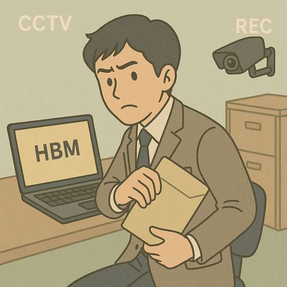 고대역폭메모리(HBM) 반도체 패키징 기술을 회사서 빼내는 직원의 모습을 표현한 인공지능(AI) 생성 이미지. 일러스트 챗GPT