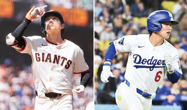 샌프란시스코 자이언츠 이정후가 15일(한국시간) 미국 캘리포니아주 샌프란시스코의 오라클 파크에서 열린 애리조나 다이아몬드백스와의 경기에서 7회 2점 홈런을 친 후 세리머니를 하고 있다(왼쪽). LA 다저스 김혜성이 같은 날 로스앤젤레스의 다저스타디움에서 진행된 오클랜드 애슬레틱스와의 경기에서 5회 메이저리그 첫 홈런을 치고 그라운드를 돌고 있다. AP연합뉴스