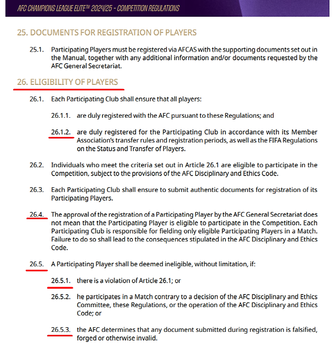 2024-25시즌 아시아축구연맹 챔피언스리그 엘리트 규정 제26조 선수 자격. 사진=AFC 챔피언스리그 엘리트 규정집 캡처