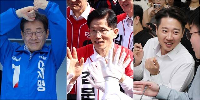 이재명(왼쪽부터) 더불어민주당 대선 후보, 김문수 국민의힘 대선 후보, 이준석 개혁신당 대선 후보. 연합뉴스