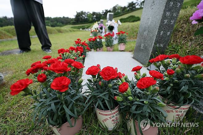 카네이션 수 놓인 묘역 (광주=연합뉴스) 김혜인 기자 = 5·18민주화운동 45주년을 이틀 앞둔 16일 광주 북구 운정동 국립5·18민주묘지에 학생들이 감사와 존경의 마음을 담아 헌화한 카네이션이 놓여있다. 2025.5.16 in@yna.co.kr