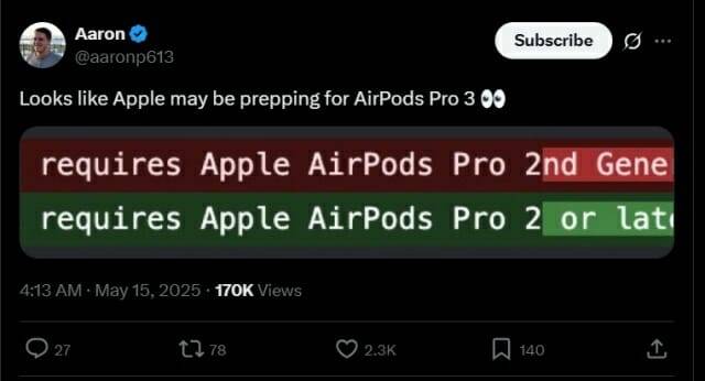애플 소프트웨어 소스코드에서 에어팟 프로3의 출시를 암시하는 문자열이 포착돼 주목되고 있다. (출처=애런 패리스 엑스 @aaronp613)