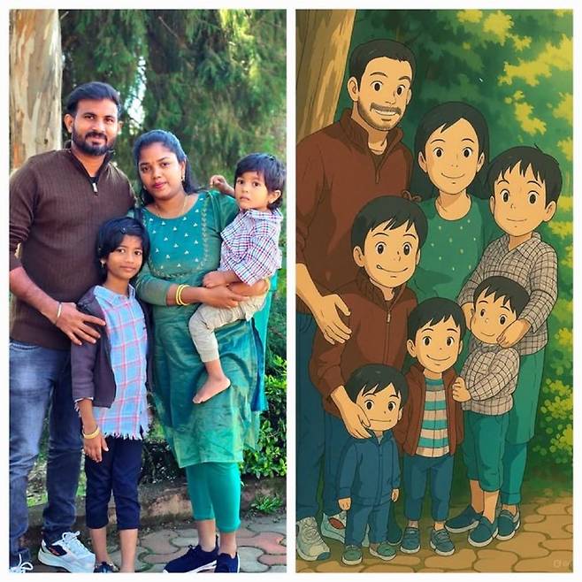 소셜미디어 X에 올라와 화제가 된 이미지. 가족 네 명의 사진을 챗GPT를 통해 지브리풍으로 바꾸었더니 일곱 명의 가족이 됐다. /X