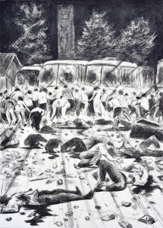 범현이 작가의 소설집 '총알의 기억' 속 한 장면. 1980년 5월 21일 계엄군이 쏜 총에 맞은 시민들이 길에 쓰러져 있다. 시민군 대변인 윤상원의 일대기를 완성한 화가 하성흡이 그렸다. 내일을여는책 제공