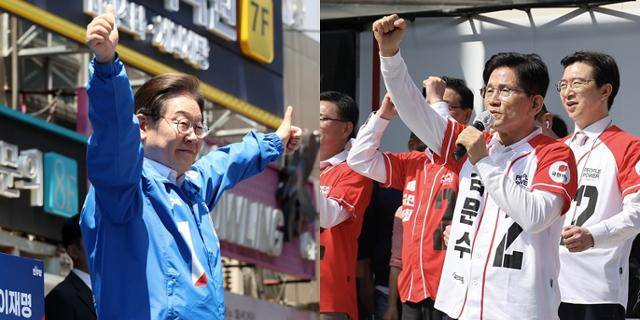 이재명(왼쪽 사진) 더불어민주당 대선 후보가 14일 부산 서면 쥬디스태화 인근에서 열린 부산 유세에 참석해 시민들에게 인사하고 있다. 오른쪽은 같은 날 경남 진주시 진주대로에서 지지를 호소하고 있는 김문수 국민의힘 후보. 부산=고영권·진주=하상윤 기자