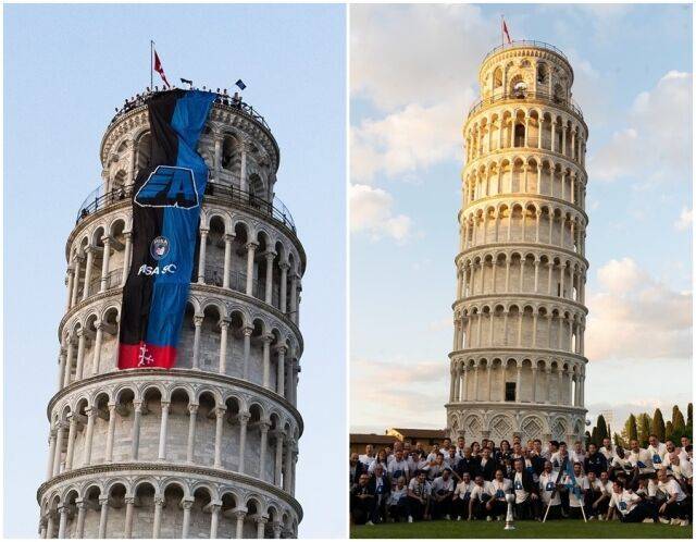 이탈리아 유명 관광지인 피사를 연고지로 하는 축구팀이 34년만에 세리에 A로 승격했다. 선수들이 사탑에서 축하하고 있다./피사 SC 홈피