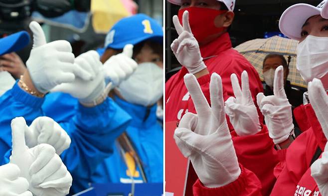 선거운동원들이 손으로 기호를 표시하며 선거운동을 하고 있다. 뉴시스