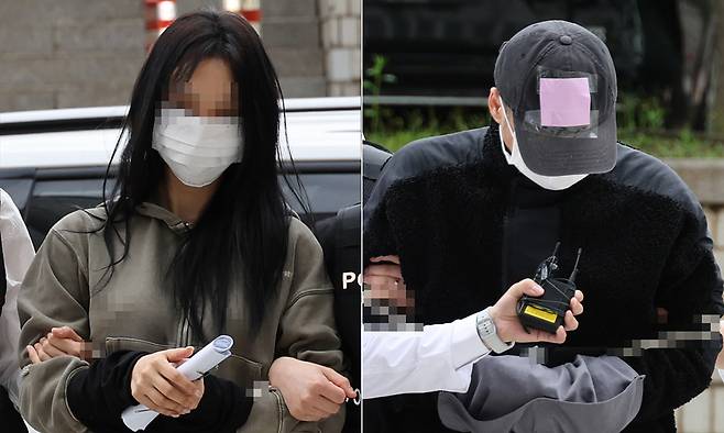 축구 국가대표팀 주장 손흥민의 아이를 임신했다고 주장하며 손씨에게 돈을 뜯어내려 한 20대 여성 양모씨(왼쪽)와 40대 남성 윤모씨가 17일 영장실질심사를 받기 위해 서울중앙지법에 들어서고 있다. 연합뉴스