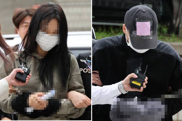 축구 국가대표팀 주장 손흥민의 아이를 임신했다고 주장하며 손씨에게 돈을 뜯어내려 한 20대 여성 양모씨(왼쪽)와 40대 남성 윤모씨가 17일 영장실질심사를 받기 위해 서울중앙지법에 들어서고 있다. 연합뉴스