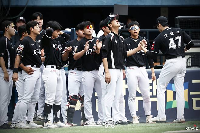 KT선수들이 17일 잠실 LG전에서 이닝을 마무리한 뒤 동료들을 격려하고 있다. KT위즈 제공