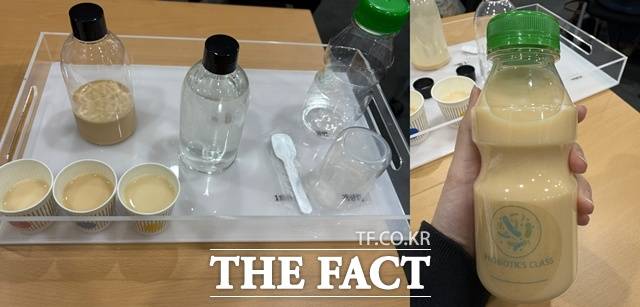 '프로바이오틱스 클래스'에서는 직접 야쿠르트를 만들 수 있다. 오른쪽은 기자가 직접 만든 '야쿠르트XO'다. /문화영 기자