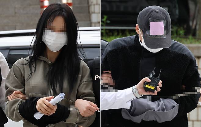 Yang, a woman in her 20s (left), and Yong, a man in his 40s, arrive at the Seoul Central District Court on May 17, 2025, for a warrant hearing./Yonhap