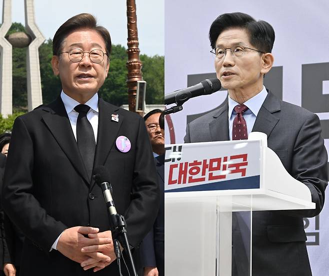 이재명 더불어민주당 대통령 후보(왼쪽)가 18일 광주 북구 국립5·18민주묘지에서 열린 '제45주기 5·18 민주화운동기념식'에 참석한 뒤 취재진 질문에 답하고 있다. 오른쪽은 여의도 당사에서 경제 분야 공약을 발표하는 김문수 국민의힘 후보. /뉴스1