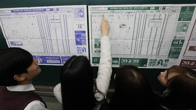 2025학년도 대학수학능력시험(수능) 성적표가 배부된 지난해 12월 6일 오전 경기 수원시 영통구 효원고등학교에서 성적표를 받은 학생들이 지원 가능 대학 배치표를 확인하고 있다.  ⓒ News1