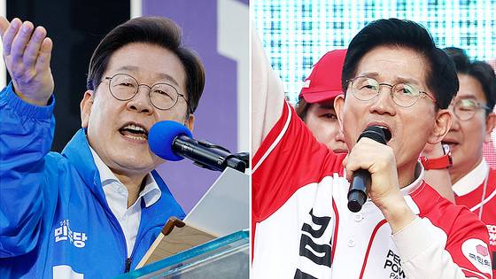 제21대 대통령 선출을 위한 공식 선거운동이 시작된 12일 더불어민주당 이재명 대선 후보(사진 왼쪽부터)가 대전 으능정이거리 스카이로드에서, 국민의힘 김문수 대선 후보가 대구 서문시장에서 지지를 호소하는 연설을 하고 있다. 연합뉴스