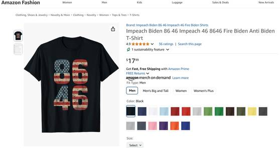 미국 온라인 쇼핑몰 아마존에서 판매되고 있는 티셔츠. 미국의 46대 대통령 조 바이든 대통령에 반대해 그를 탄핵하자는 의미의 숫자 ‘8646’이 새겨 있다. 사진 아마존 캡처