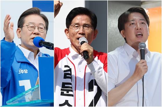 대선 후보인 이재명 더불어민주당 후보(왼쪽부터), 김문수 국민의힘 후보, 이준석 개혁신당 후보. [연합뉴스]