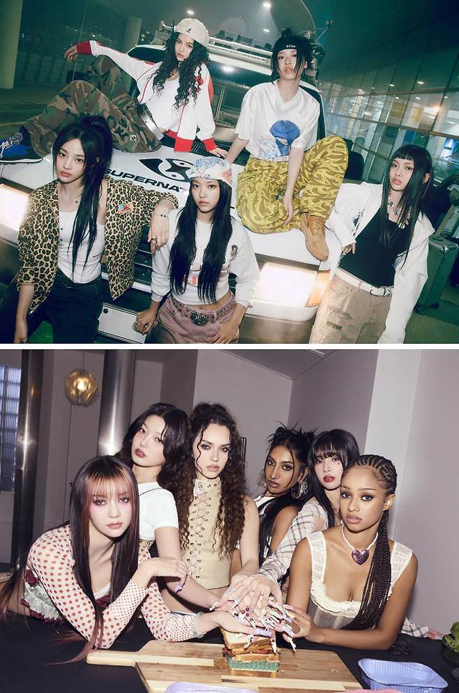 빌보드 ‘21세 이하 21인’에 선정된 걸그룹 뉴진스(위쪽 사진)와 캣츠아이.