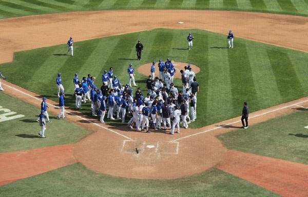 18일 부산 사직구장에서 열린 삼성과 3연전 마지막 경기에서 5회 머리에 맞는 타구에 이어 롯데 윤동희 머리 쪽에 타구가 향하자 벤치클리어링이 일어났다. 임동우 기자