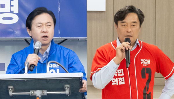김영춘 민주당 부산총괄선거대책위원장(왼쪽), 정동만 국민의힘 부산총괄선거대책본부장