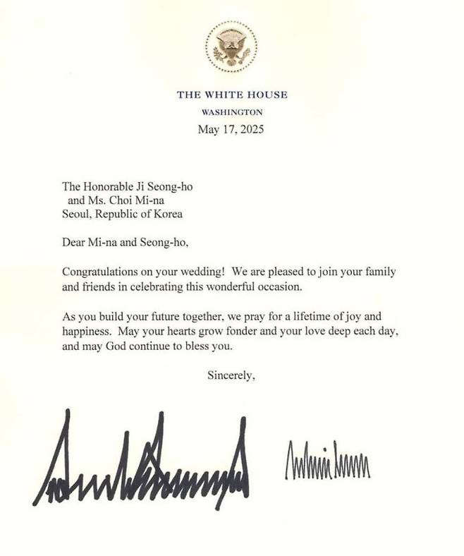 U.S. President Donald Trump and First Lady Melania Trump's letter addressed to Ji Seong-ho, a North Korean defector and former People Power Party lawmaker, to congratulate him on his recent wedding. [SCREEN CAPTURE]