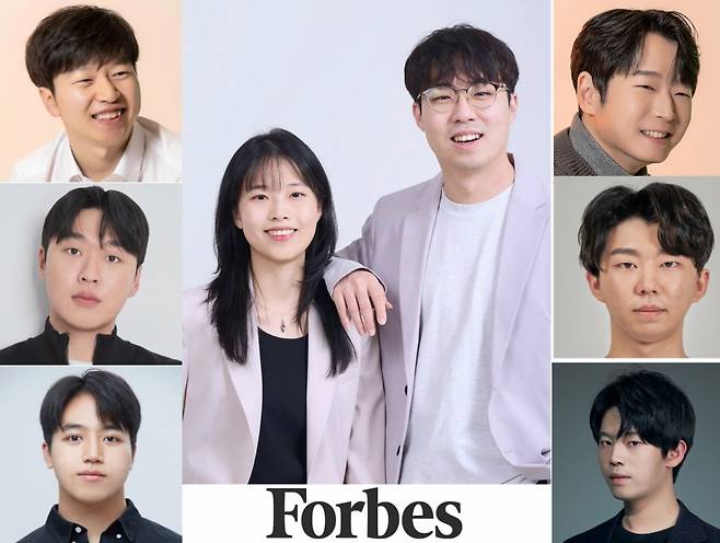 (왼쪽 위부터 아래로)오정우 세코어로보틱스 대표, 김시화 바인드 대표, 이호준 모호 대표. (오른쪽 위부터 아래로)윤광식 동주 대표, 오재호 파일러 대표, 오석환 배럴아이 공동창업자. 가운데 사진은 블루시그넘 윤정현 대표와 표재우 공동창업자 /사진=포브스