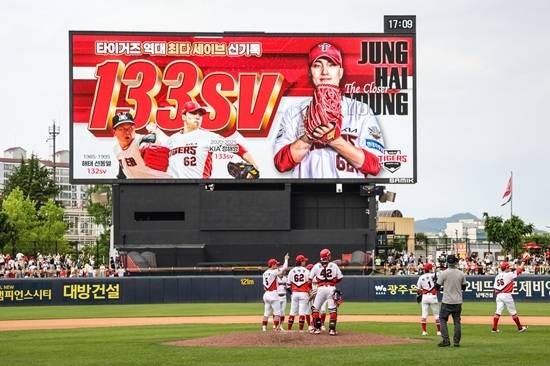 KIA 타이거즈 마무리 투수 정해영이 지난 17일 광주 두산 베어스와 더블헤더 1차전 9회 초 구원 등판해 1이닝 무실점으로 개인 통산 133세이브를 달성했다. 정해영은 이 세이브로 선동열 전 감독과 함께 보유했던 타이거즈 프랜차이즈 최다 세이브 신기록을 작성했다. KIA 타이거즈