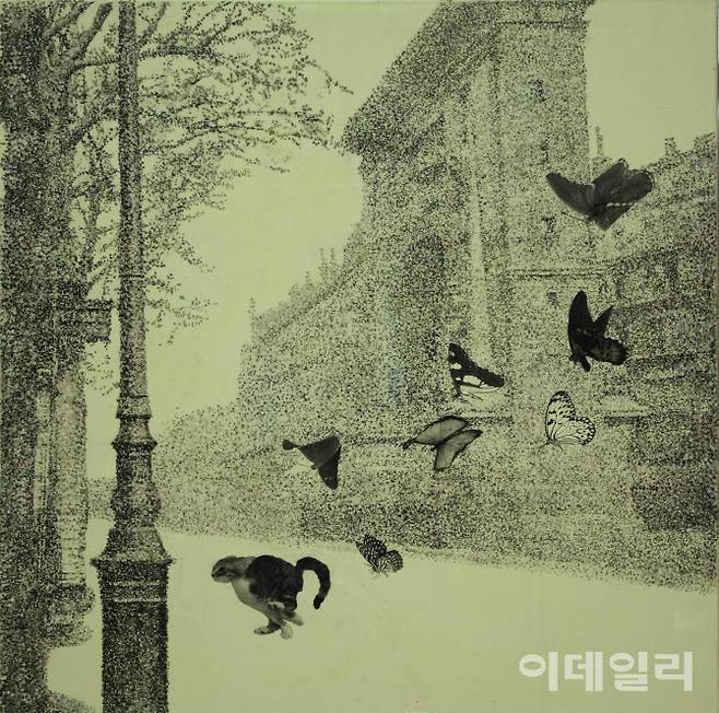 이은주 ‘생드니 대로’(Boulevard Saint-Denis, 2022), 캔버스에 혼합재료,  80×80㎝(사진=영은미술관)