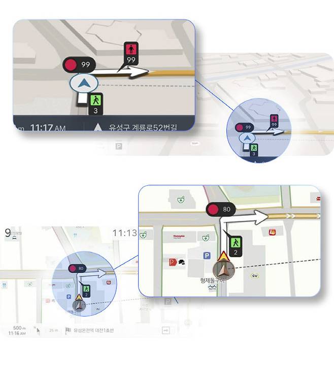 차량 신호와 보행 신호를 연계한 현대차그룹 신규 내비게이션 기능. (사진=HMG저널)