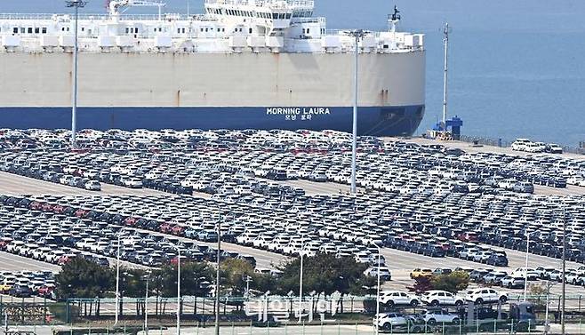 경기 평택항 자동차 전용부두에 선적을 기다리는 수출용 차량이 세워져 있다.ⓒ뉴시스