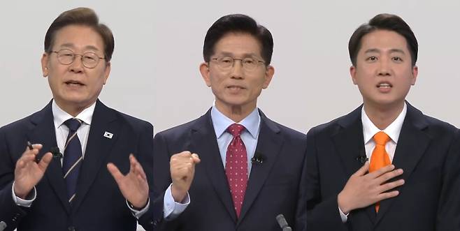 18일 중앙선거방송토론위원회가 주관한 대선 후보자 1차 TV토론회에서 각 당 대선 후보들이 노란봉투법 추진과 반도체특별법을 포함한 민간 경제정책과 통상 전략, 비상계엄 선포에 따른 경제 악영향 책임 등을 놓고 공방을 벌였다. 왼쪽부터 더불어민주당 이재명, 국민의힘 김문수, 개혁신당 이준석 후보. 채널A 화면 캡처