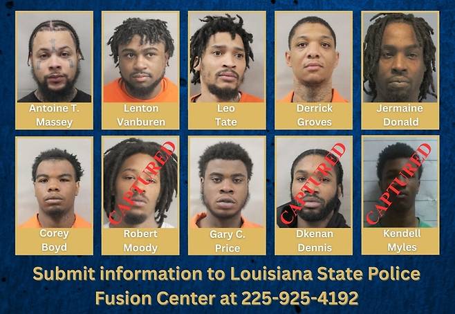 지난 16일 새벽 미국 루이지애나주 뉴올리언스에 있는 시립 교도소 올리언스 교구 교도소에서 탈옥한 죄수 10명. 3명은 붙잡혔으며 7명은 도주 중이다. 사진=루이지애나주 경찰