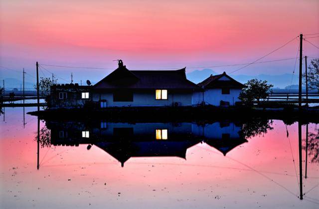 충남 당진시 우강면의 모내기철은 논마다 물이 가득 차면 주변 집들이 물에 비쳐 마치 수면 위에 떠 있는 듯한 신비로운 모습을 연출한다. 당진=왕태석 선임기자