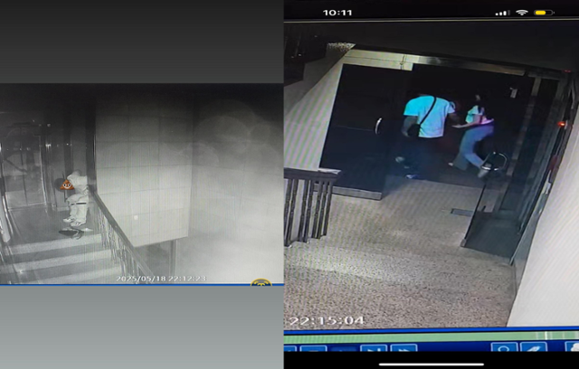 18일 오후 10시 12분쯤 경북 경주시의 한 상가 건물 6층 계단에서 한 남성이 대변을 보고 있다(왼쪽 사진). 이 남성은 약 3분 후 건물 1층으로 내려와 자신을 기다리고 있던 여성과 함께 이동했다. 온라인 커뮤니티 캡처