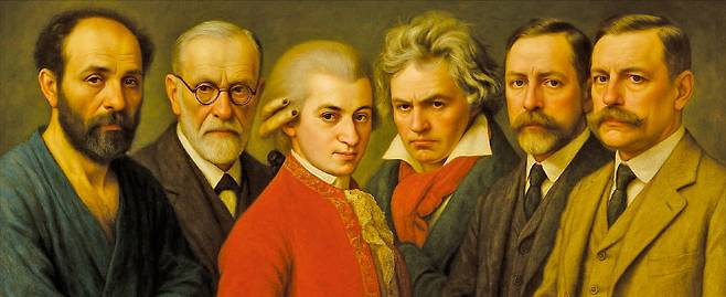 왼쪽부터 화가 클림트, 정신분석학자 프로이트, 음악가 모차르트와 베토벤, 건축가 아돌프 로스와 오토 바그너.    챗GPT