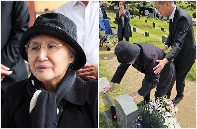 5·18민주화운동 45주년 하루 뒤인 19일 광주 북구 운정동 국립5·18민주묘지에서 노태우 전 대통령의 배우자인 김옥숙 여사가 참배를 마치고 취재진의 질문을 듣고 있다. 오른쪽 사진은 광주 북구 망월동 민족민주열사묘역(5·18 구묘역)을 방문해 참배하는 김 여사. 연합뉴스