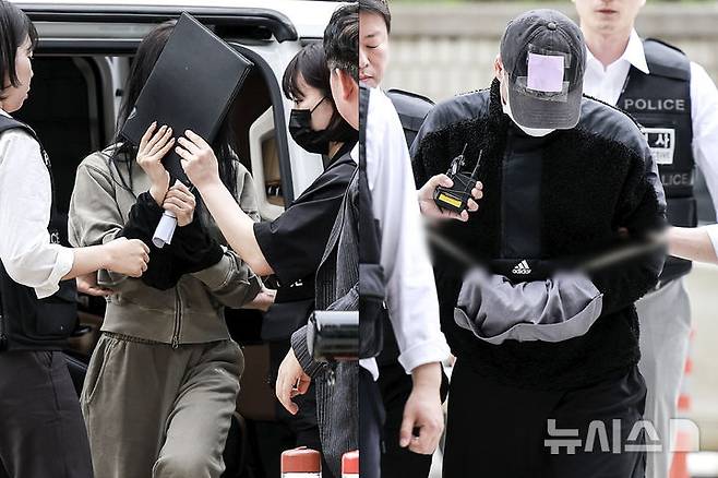 [서울=뉴시스] 정병혁 기자 = 잉글랜드 프로축구 프리미어리그 토트넘 홋스퍼 주장 손흥민을 상대로 허위 임신을 주장하며 금품을 요구한 혐의를 받는 20대 여성 양 모 씨와 40대 남성 용 모 씨가 17일 서울 서초구 서울중앙지방법원에서 열린 영장실질심사에 출석하고 있다. 2025.05.17. jhope@newsis.com