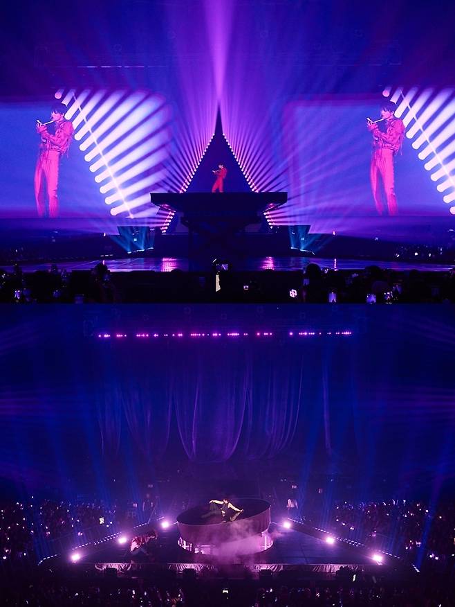 위쪽부터 관능적인 퍼포먼스를 선보인 '슬라이딩'과 '피치스' 무대 당시 모습. SM엔터테인먼트 제공