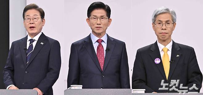 이재명 더불어민주당 대선후보, 김문수 국민의힘 대선후보, 권영국 민주노동당 대선후보가 18일 서울 마포구 SBS프리즘타워에서 열린 중앙선거방송토론위원회 주관 제21대 대통령선거 후보자토론회에서 발언하고 있다. 국회사진취재단